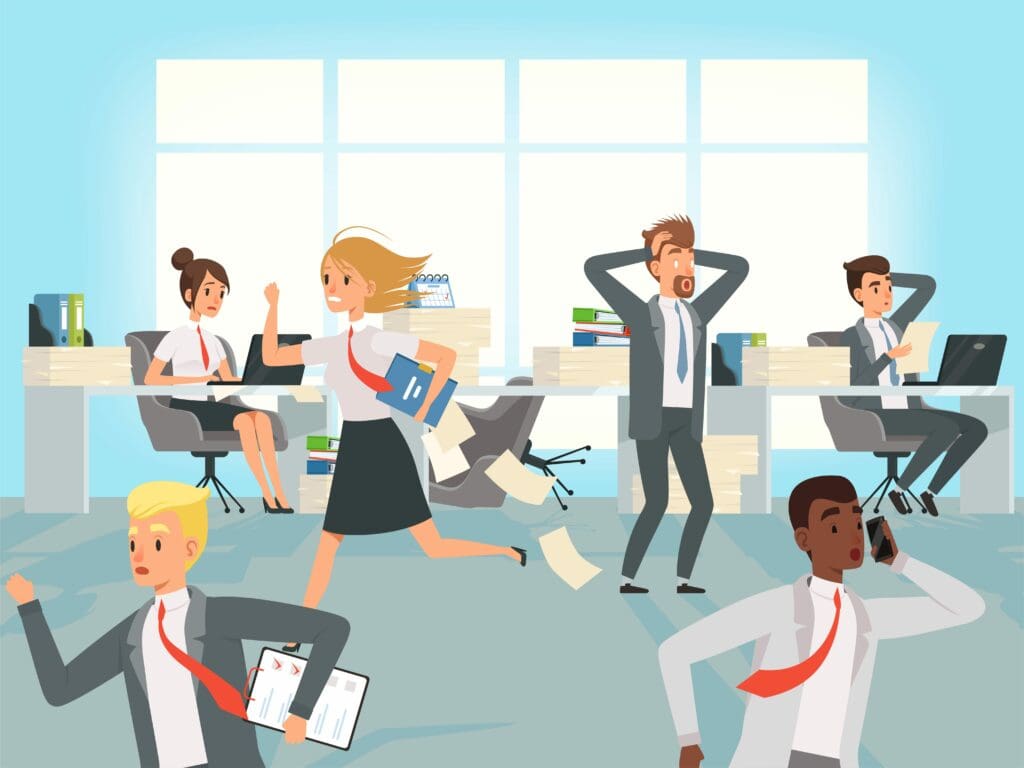 Office deadline. Business workers managers stress running on workplaces at work vector characters. Illustration of office stress, business workplace
