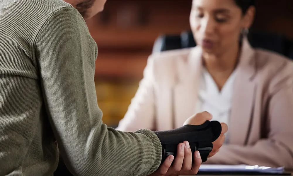 Blog-Close-Up-of-Employee-with-a-Wrist-Brace-Sitting-Across-from-a-Professional-Writing-Down-Notes-in-the-Office
