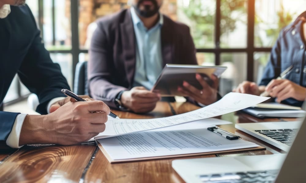 What Underwriters Look for When Evaluating a Company for Group Captive Membership - Group of professionals working at a conference table with papers and an open laptop