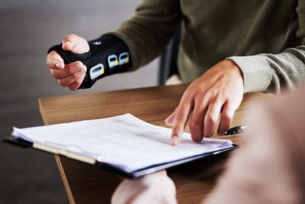 A Smarter Workers’ Comp Solution for Staffing Firms - Injured worker sitting at a desk going over a form
