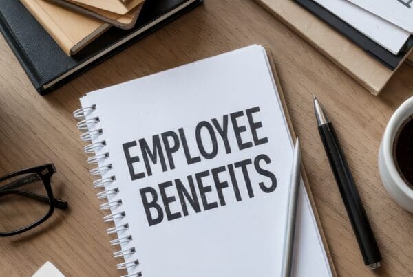 Employee benefits document on a wooden desk.