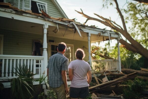 Couple stands by their damaged home with a fallen tree on the roof