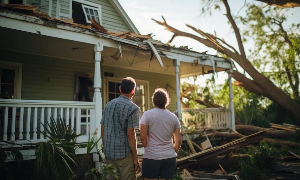 Couple stands by their damaged home with a fallen tree on the roof